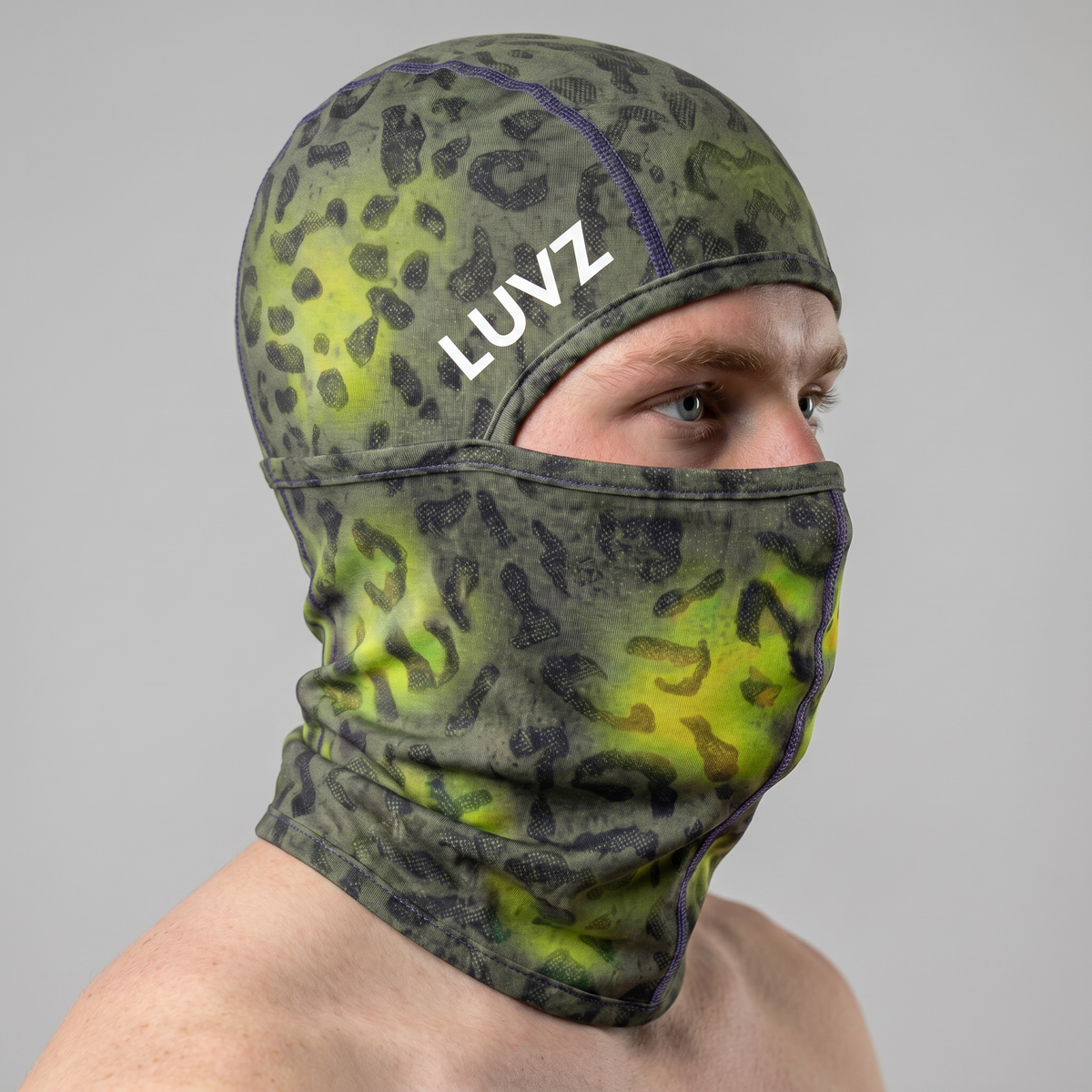 LUVZ CAMO heat-reactive balaclava worn, three-quarter view