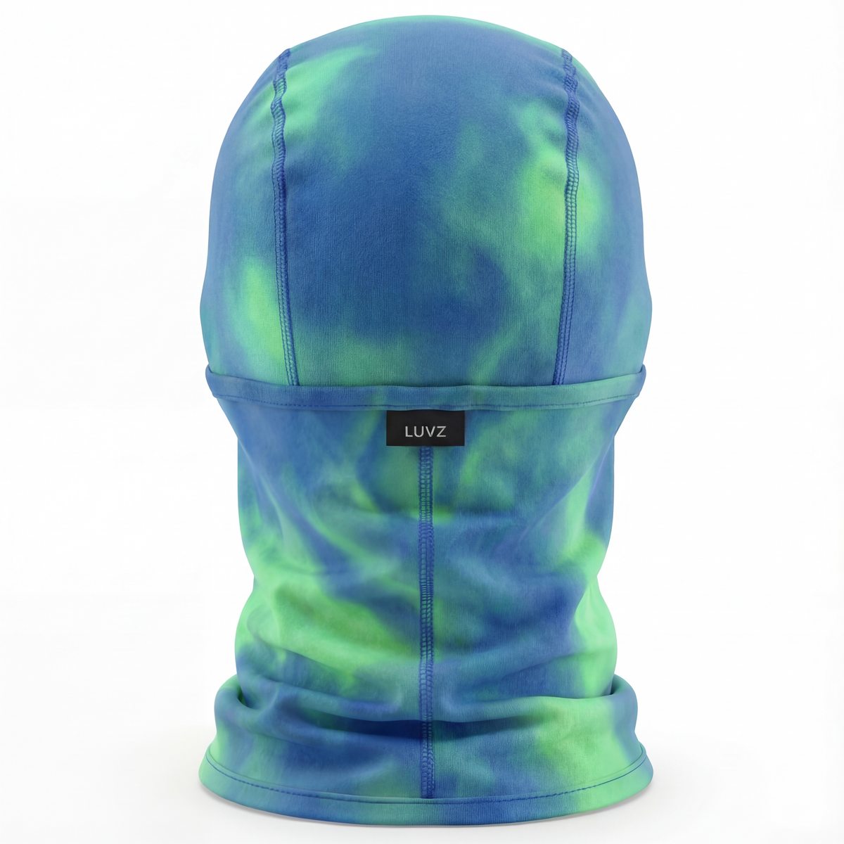 LUVZ FROST heat-reactive balaclava in blue-green, back view