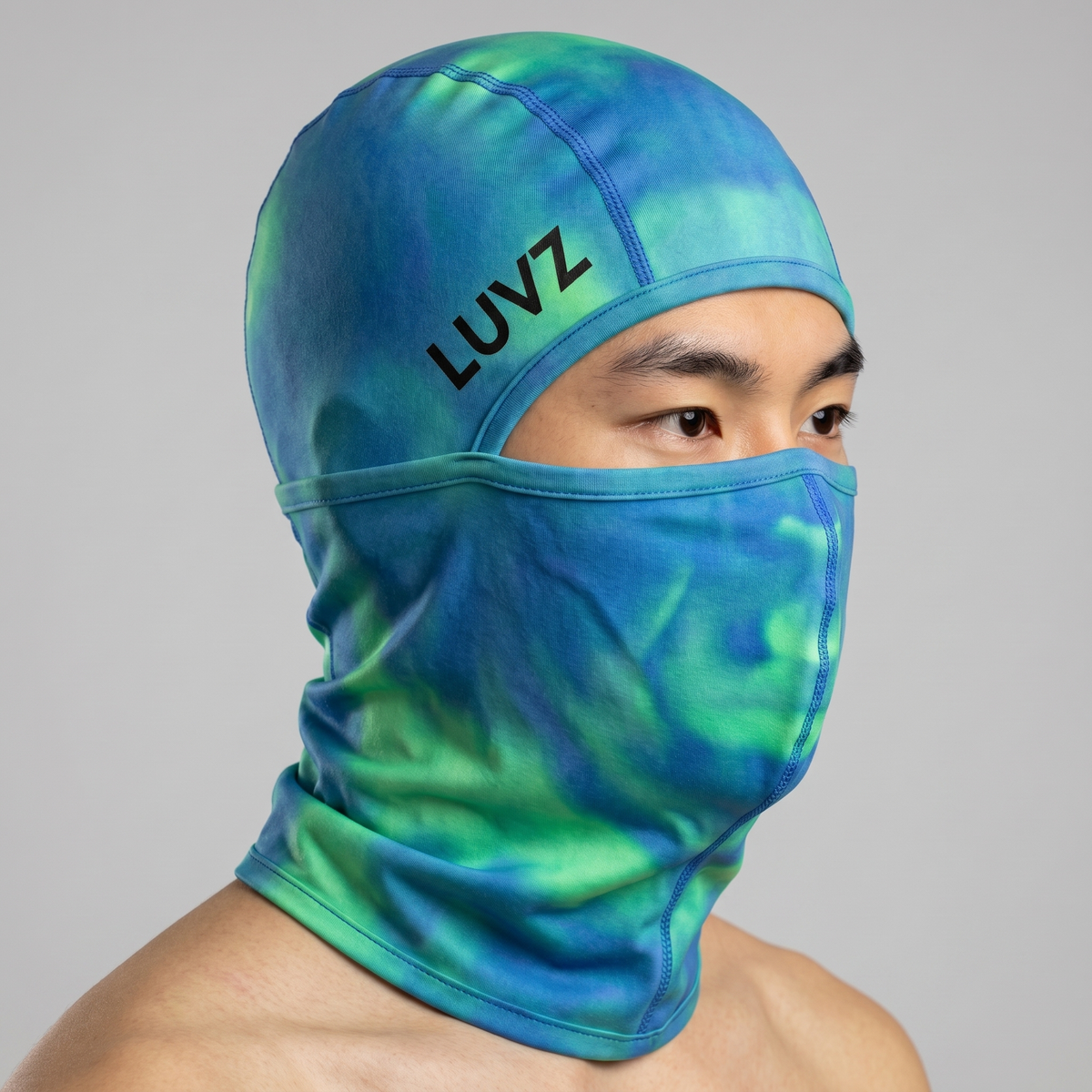LUVZ FROST heat-reactive balaclava worn, three-quarter view