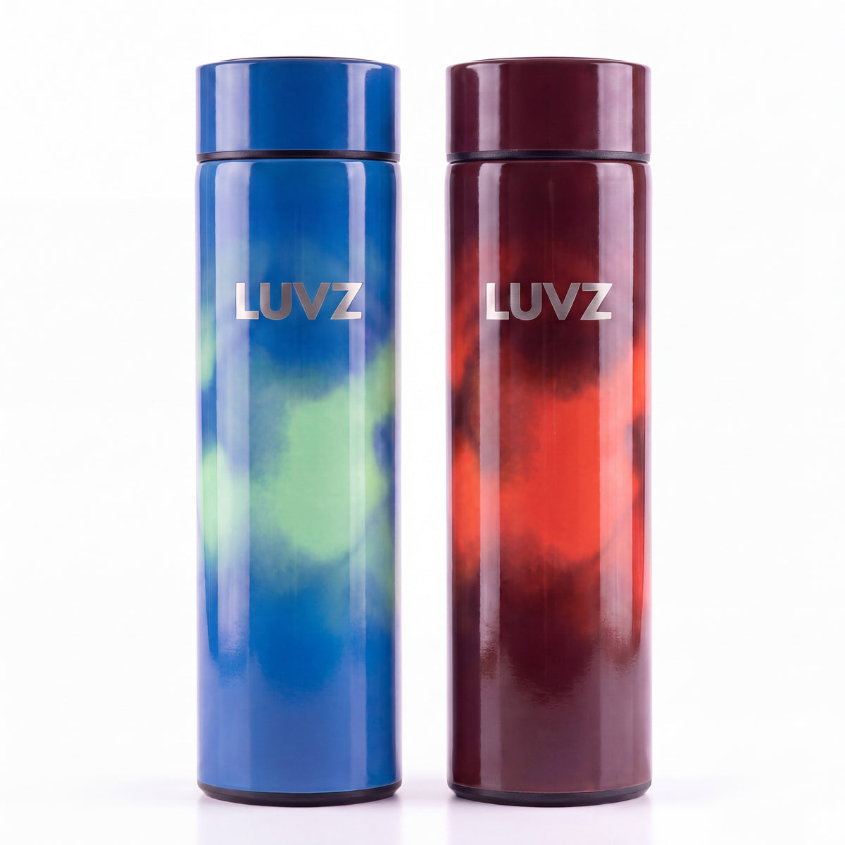 LUVZ THERMOS BLUE and THERMOS RED heat-reactive bottles side by side
