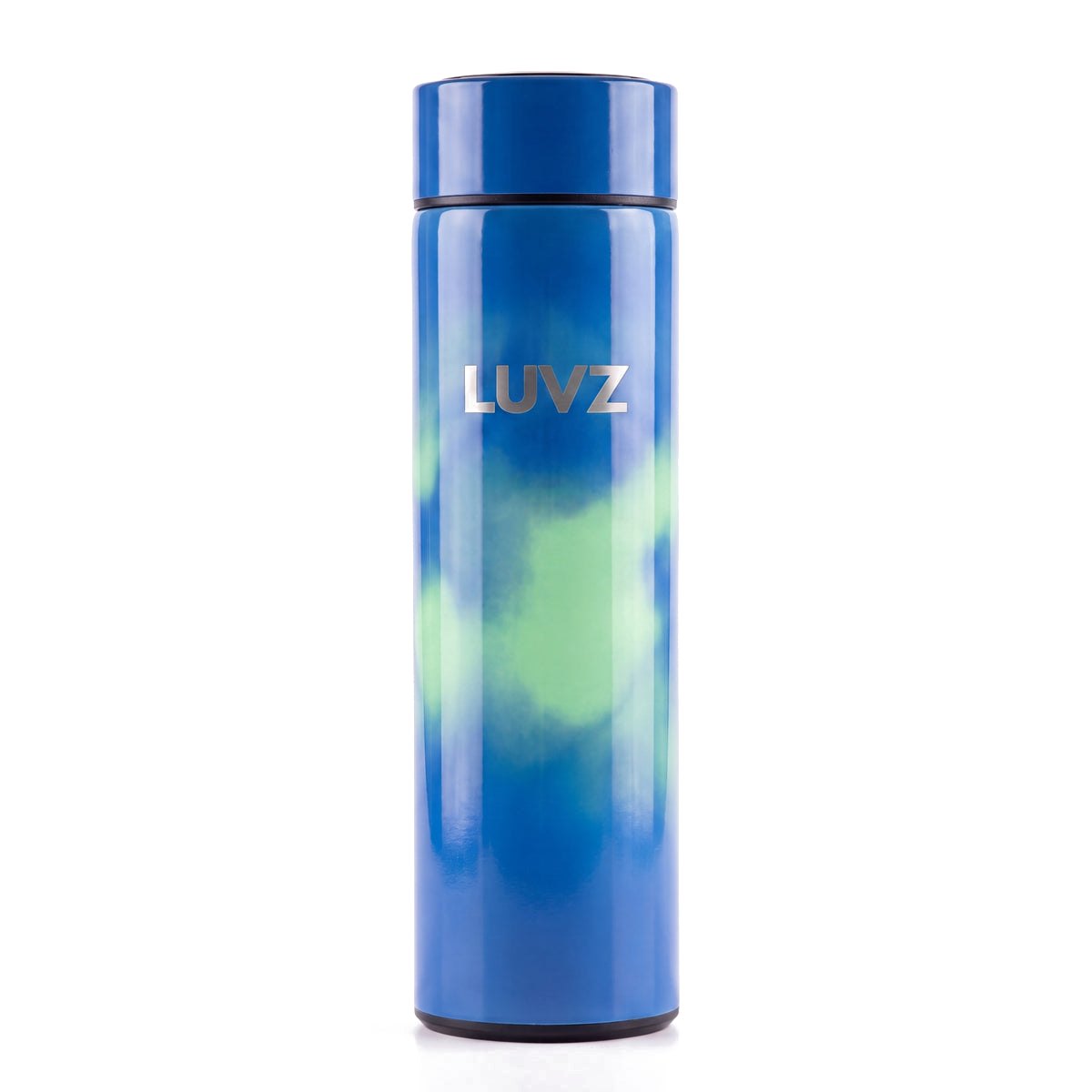 LUVZ THERMOS BLUE heat-reactive bottle in dark blue with a light green bloom