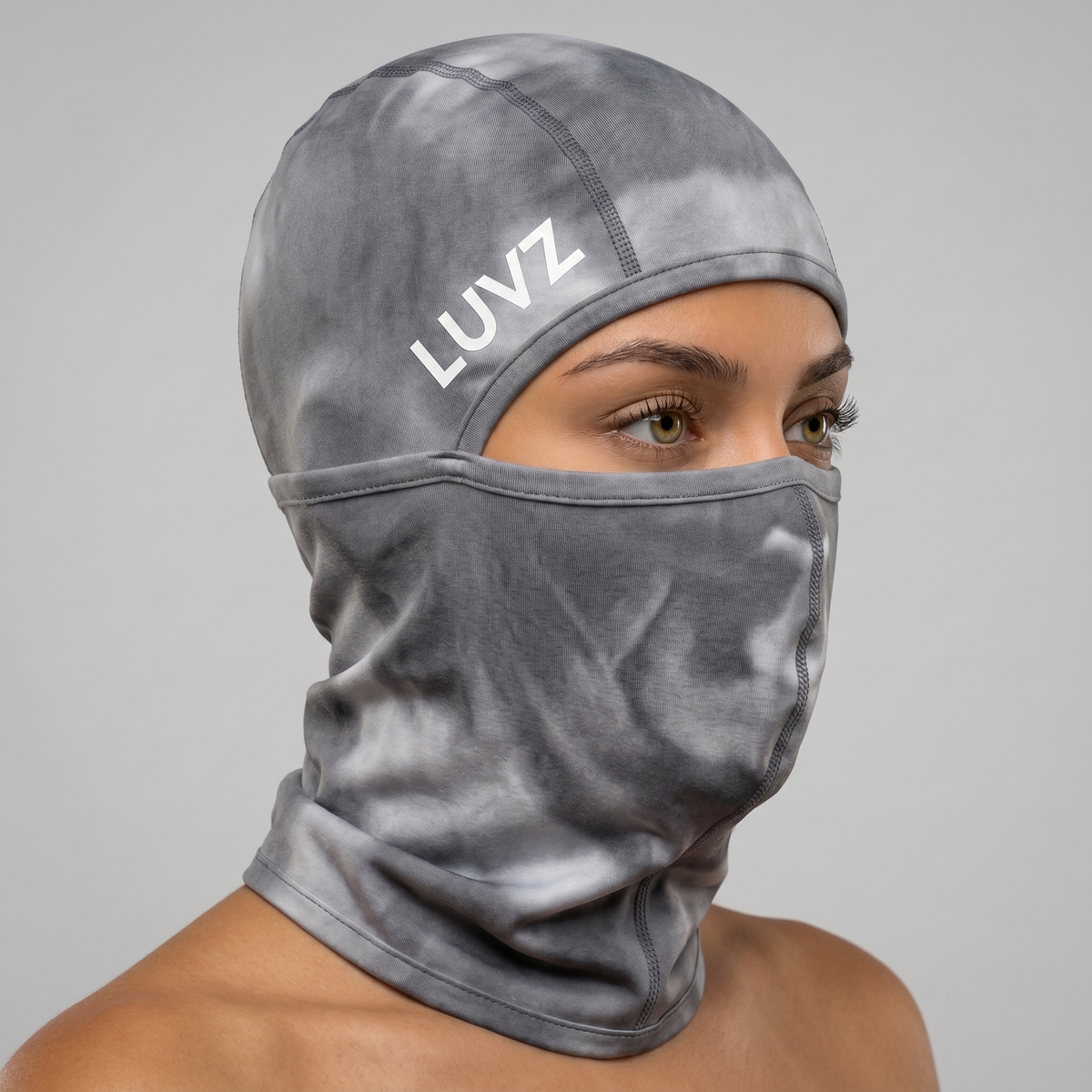 LUVZ VOID V2 heat-reactive balaclava worn, three-quarter view